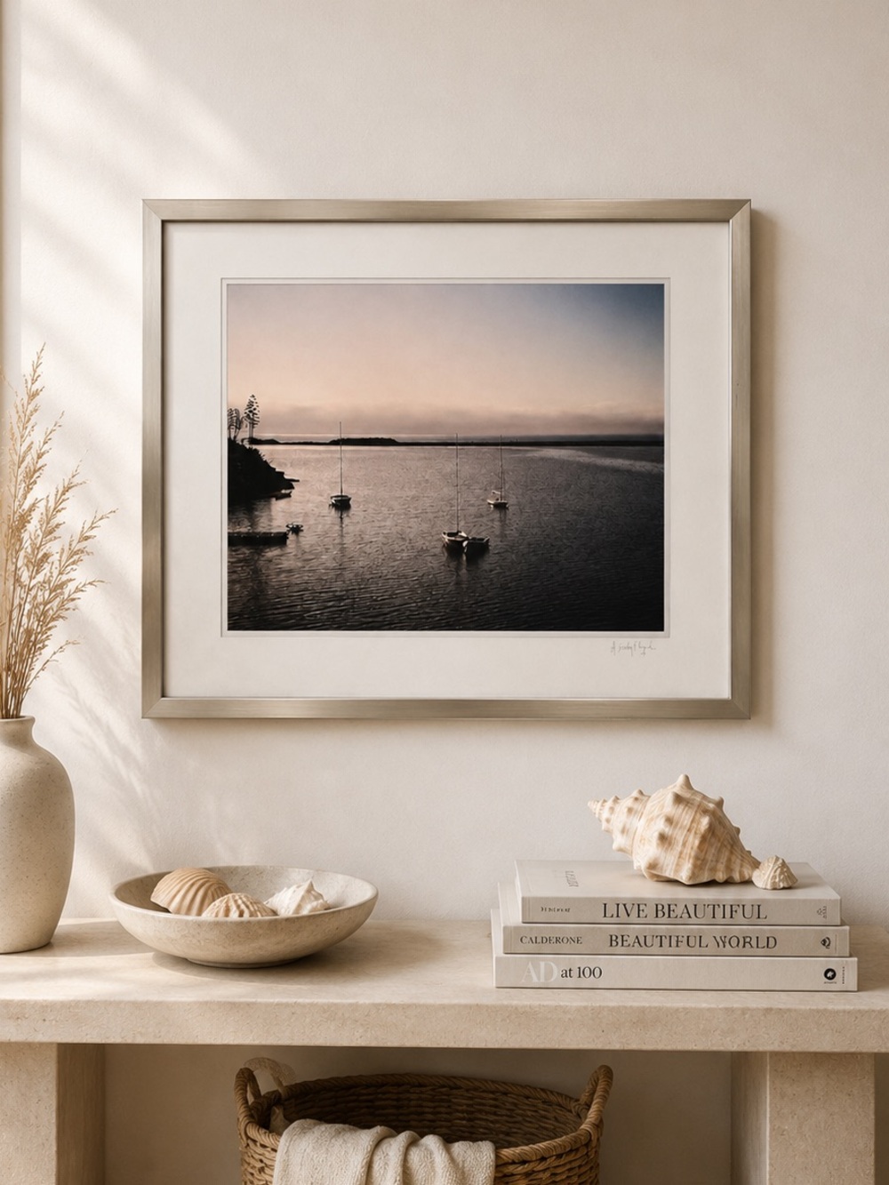 Framed Wall Art Coastal Harbor Sailboat Signed Photography Print 28x24